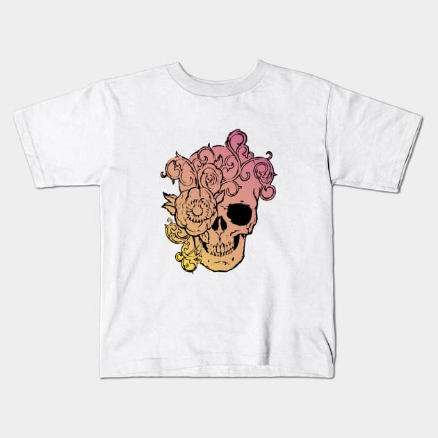 Filigree Skull With Flower Yellow to Pink Fade Original Art Kids T-Shirt by ckandrus